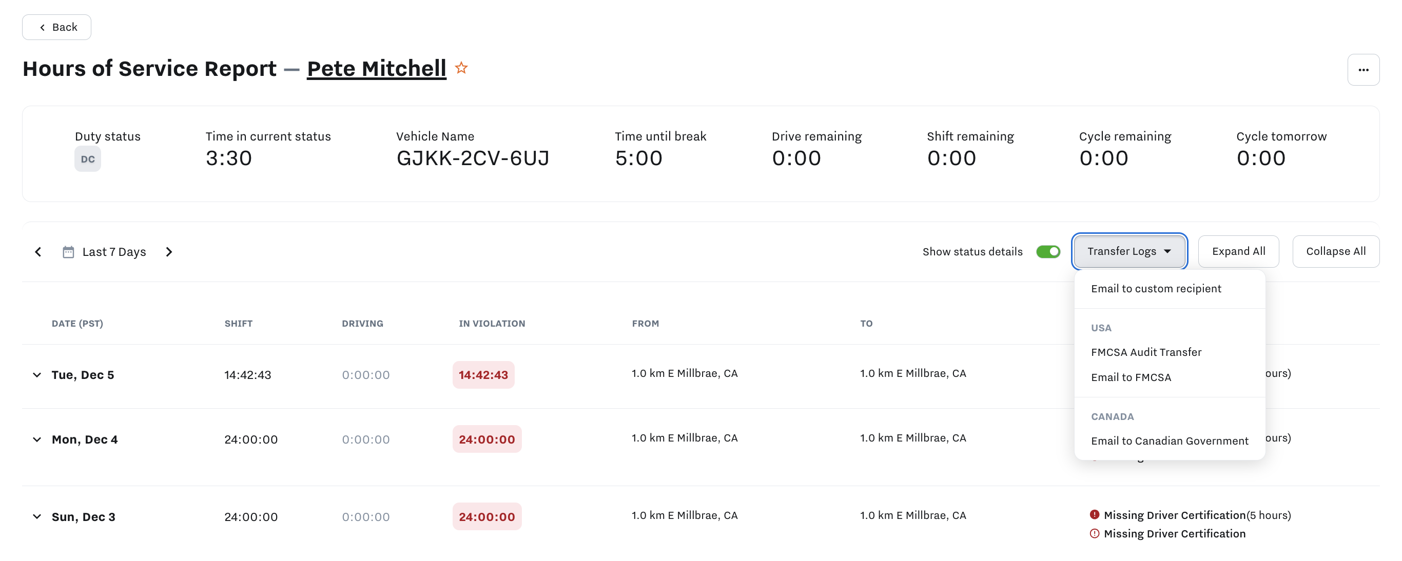Transfer Logs for an In-House Audit – Samsara Support