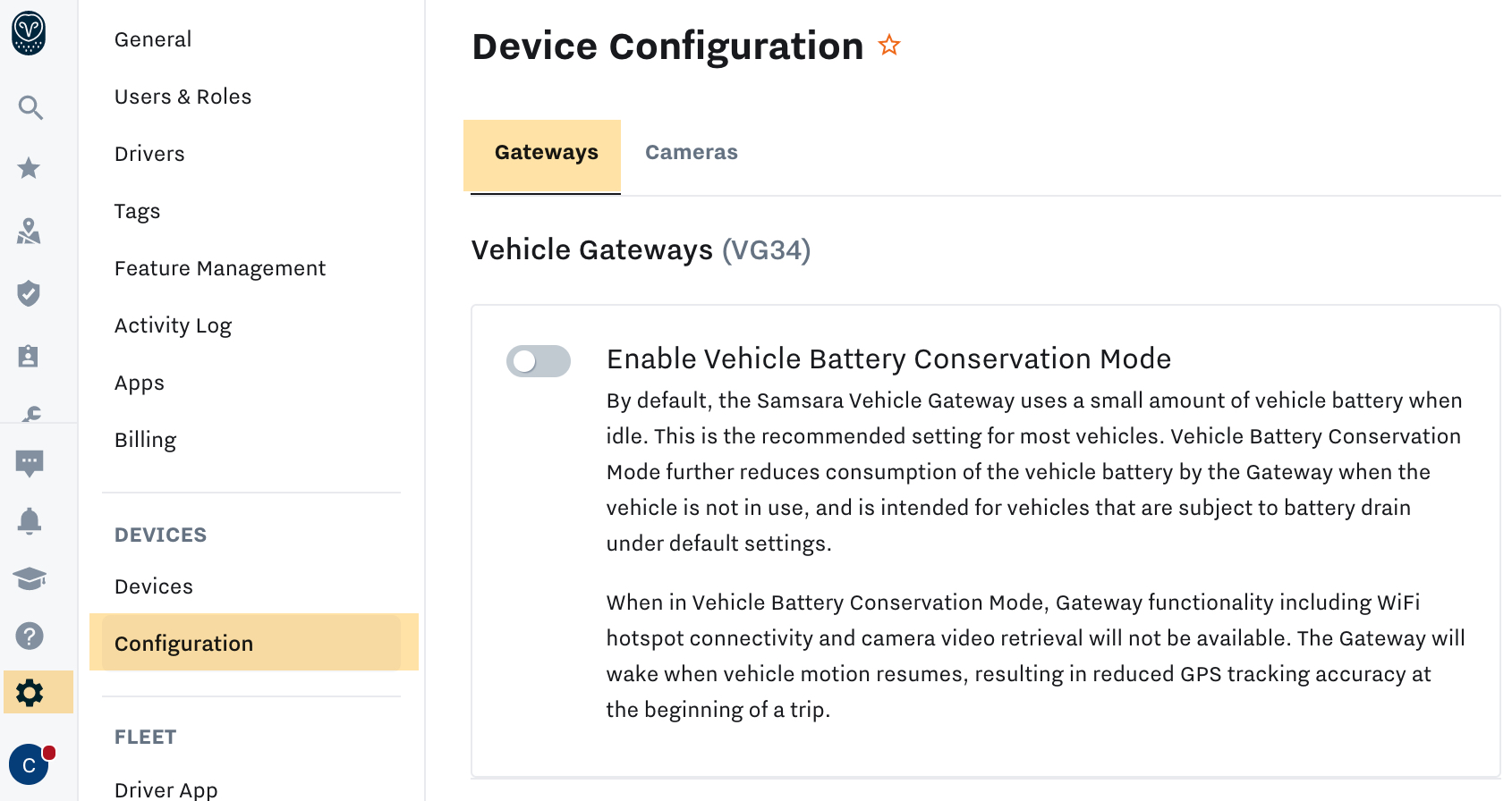 Vehicle Battery Conservation Mode – Samsara Support